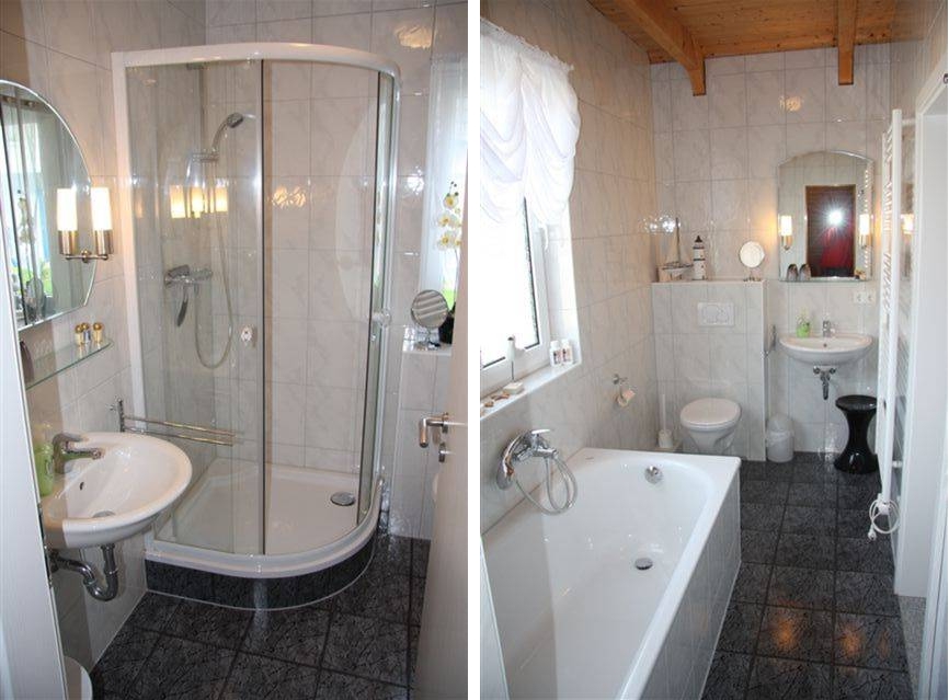 links: Bad unten mit Dusche, WC, Waschmaschine, Kondenstrockner rechts: Bad oben mit Wanne und Sauna ...