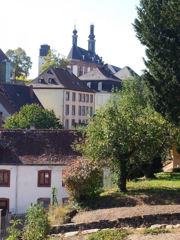 im Hintergrund die Schloßkirche der Pfarrei St. Sebastian in Blieskastel im Saarpfalz-Kreis im Saarland