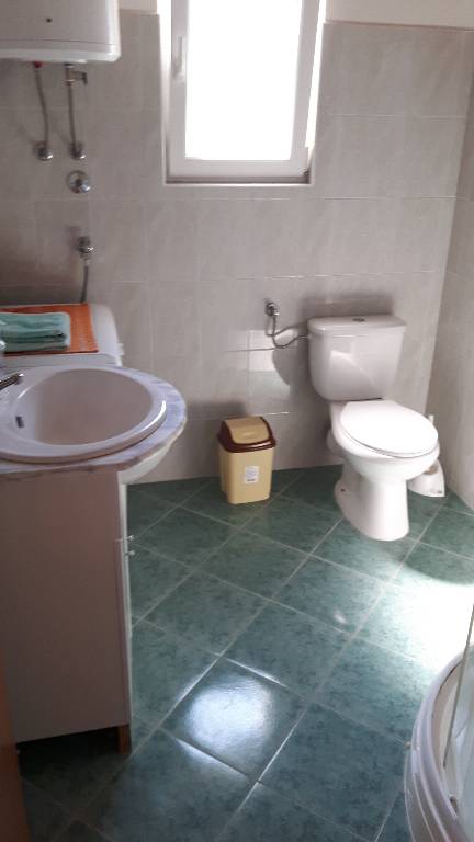 Badezimmer mit Dusche und Waschmaschine.